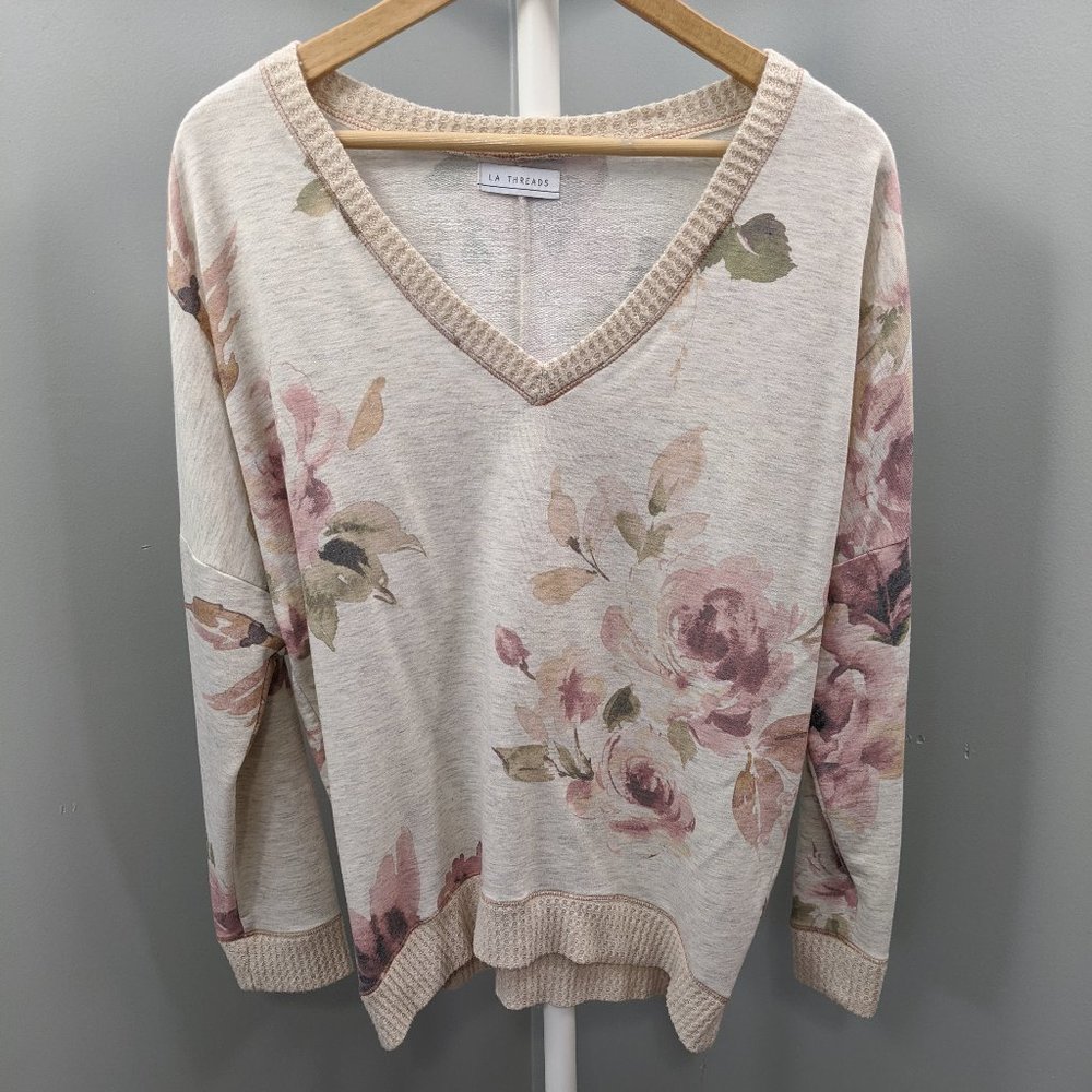 Women's Floral V-Neck Knit Pullover w/ Ribbed Hem